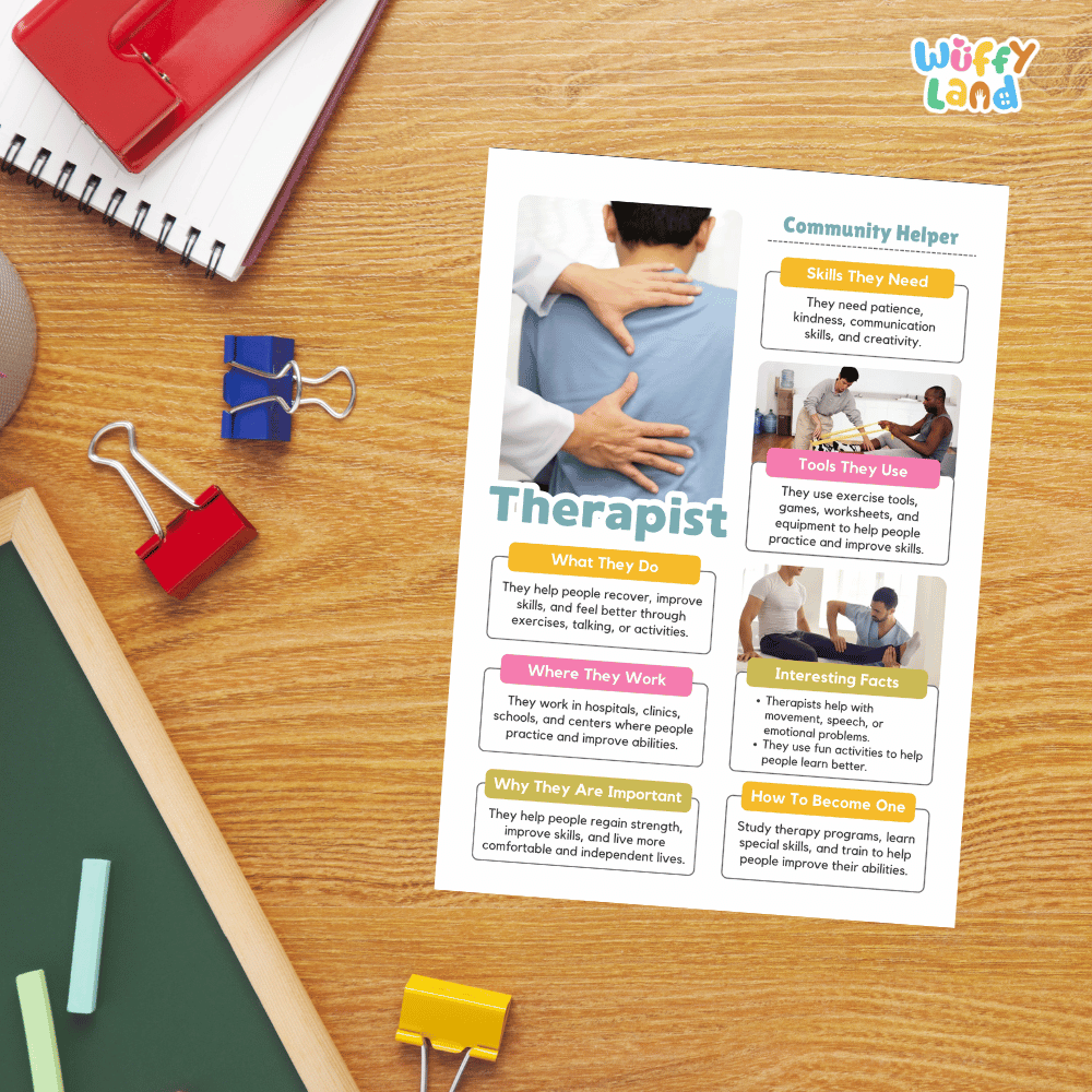 Guided student writing worksheets with lined sections for recording facts and a dedicated box for drawing or pasting a picture of a therapist