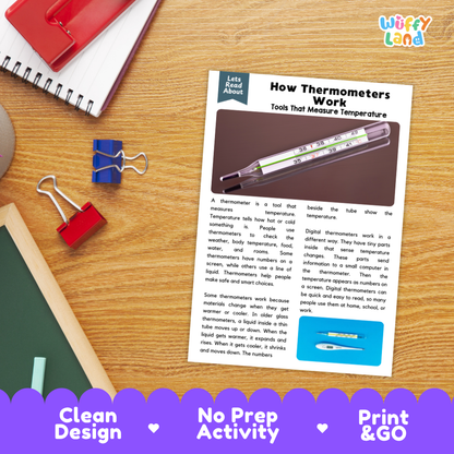 Printable student worksheet with short-answer reading comprehension questions covering thermometers and physical science
