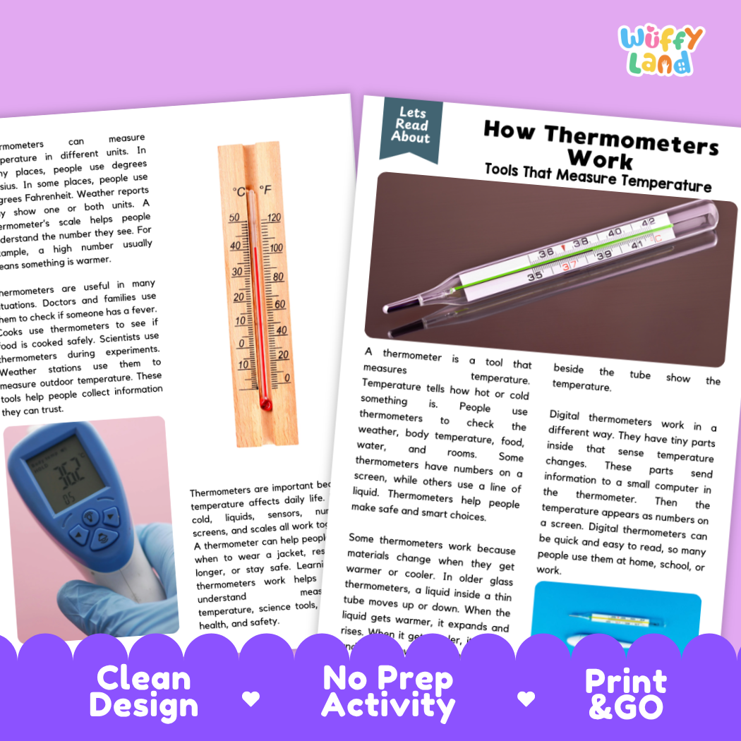 Complete teacher answer key worksheet providing detailed model responses for thermometer comprehension questions