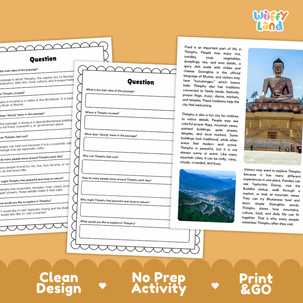 Student reading passage titled A City in the Himalayas detailing Thimphu Bhutan Tashichho Dzong Buddha Dordenma Wang Chhu River and mountain photography
