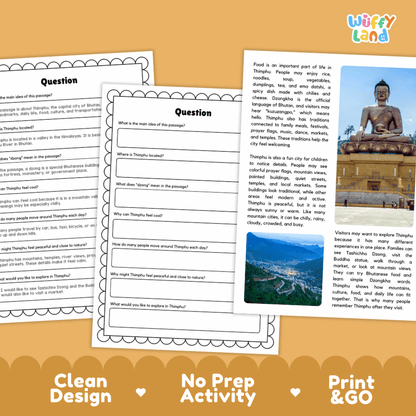 Student reading passage titled A City in the Himalayas detailing Thimphu Bhutan Tashichho Dzong Buddha Dordenma Wang Chhu River and mountain photography