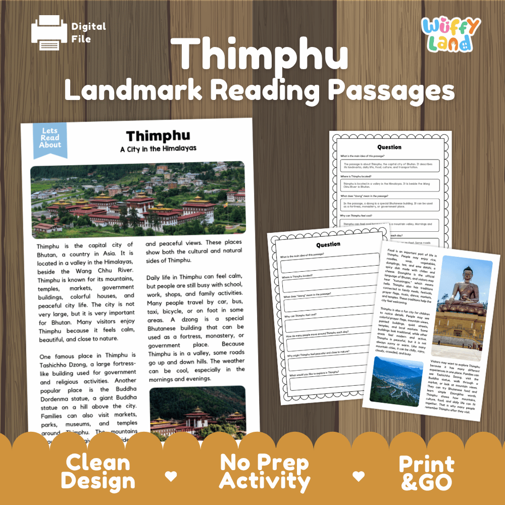 Thimphu landmark reading passage and comprehension worksheet educational unit featuring nonfiction text and authentic Tashichho Dzong Bhutan photography