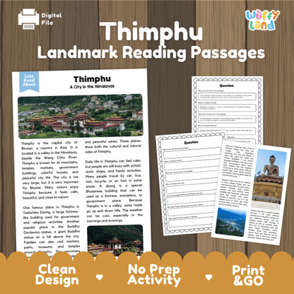 Thimphu landmark reading passage and comprehension worksheet educational unit featuring nonfiction text and authentic Tashichho Dzong Bhutan photography