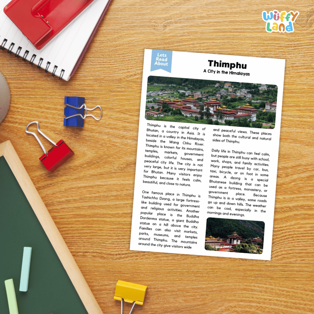 Lined reading comprehension question worksheet covering main ideas vocabulary terms and landmark facts about Thimphu Bhutan