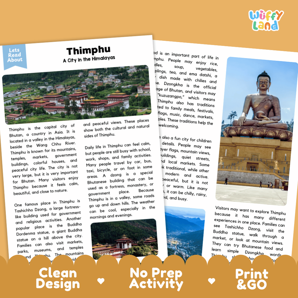 Reference sheet and answer key for Thimphu landmark reading passage displaying completed comprehension answers and Himalayan geography facts