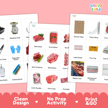 Three printable activity sheets from Wiffy Land featuring food-related vocabulary and sorting images, displayed on a pink background with promotional text at the bottom.