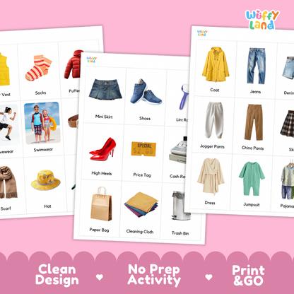 Things At The Clothing Store Vocabulary Flashcards and Matching Cards