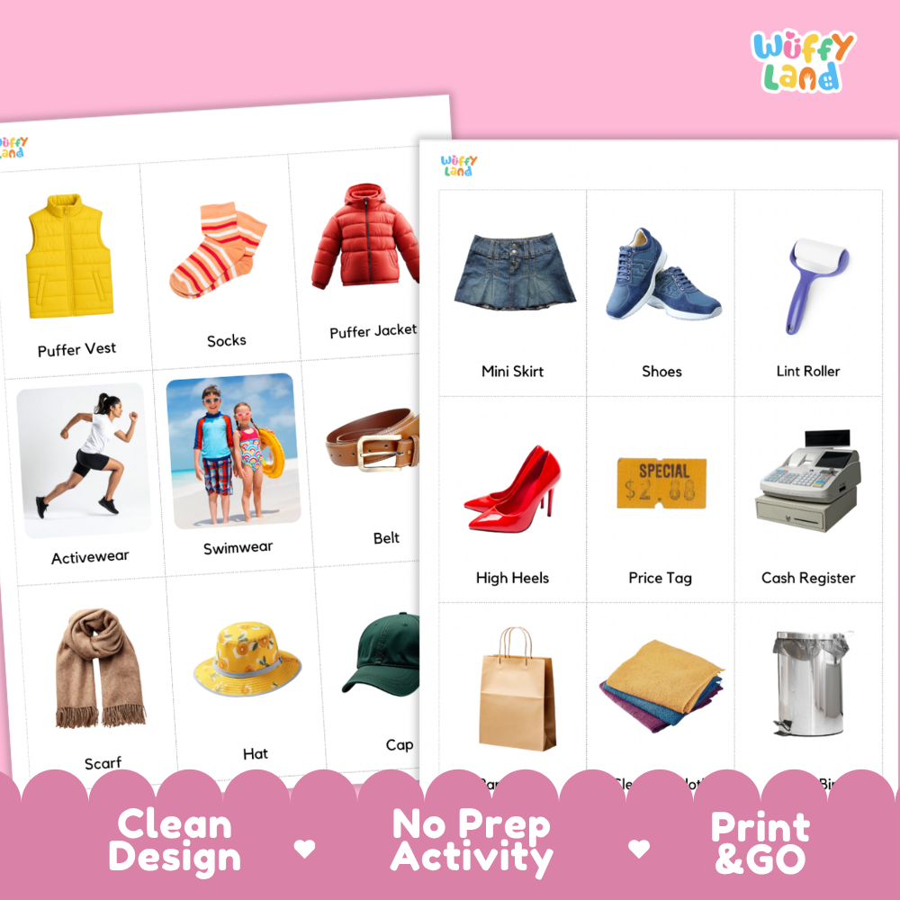 Two printed activity cards from Wiffy Land showing labeled icons for categories like Puffer Vest, Socks, Mini Skirt, Shoes, and Cash Register, on a pink background with promotional text.