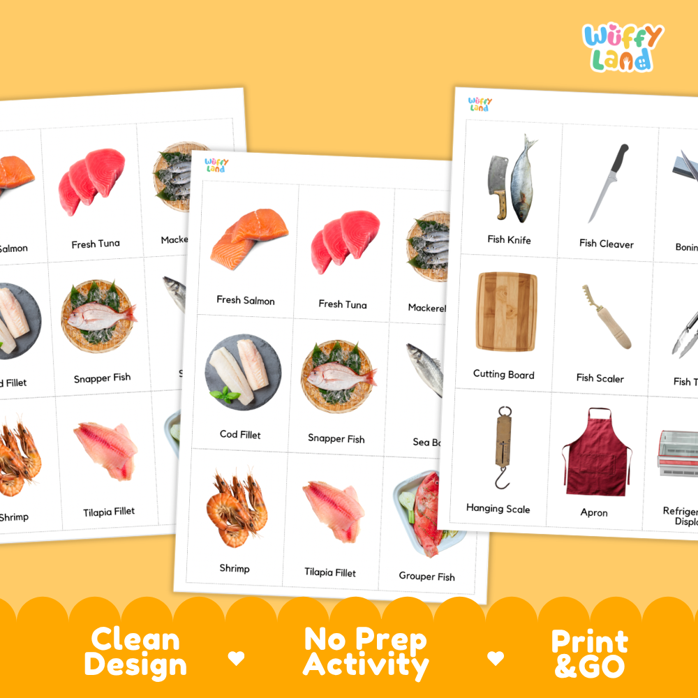 Three printable educational activity sheets from Wiffy Land featuring fish-themed pictures and labels, displayed on a warm yellow background with promotional text at the bottom.