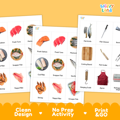 Three printable educational activity sheets from Wiffy Land featuring fish-themed pictures and labels, displayed on a warm yellow background with promotional text at the bottom.