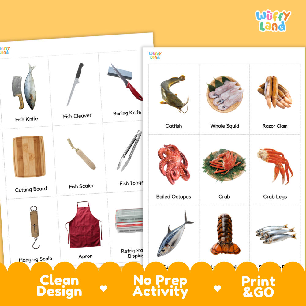 Two printed activity sheets from Wiffy Land featuring labeled seafood and kitchen-themed images, shown on a yellow background with promotional text reading 'Clean Design,' 'No Prep Activity,' and 'Print & GO.'.