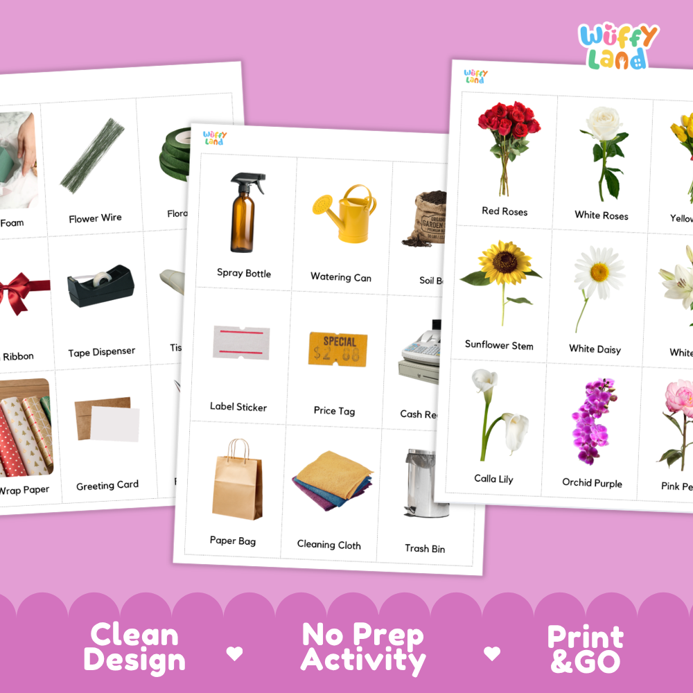 Three printed activity sheets from Wiffy Land on a pink background, showing labeled items such as flowers, paper products, and household objects. The sheets are arranged overlapping, with the brand name Wiffy Land visible in the top right and a pink banner at the bottom reading 'Clean Design', 'No Prep Activity', and 'Print & GO'.