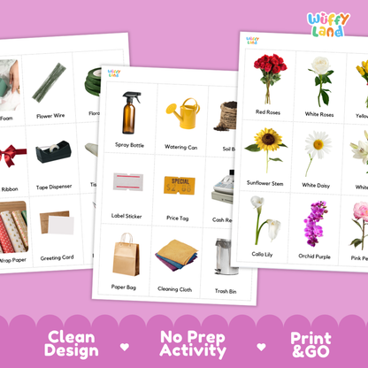 Three printed activity sheets from Wiffy Land on a pink background, showing labeled items such as flowers, paper products, and household objects. The sheets are arranged overlapping, with the brand name Wiffy Land visible in the top right and a pink banner at the bottom reading 'Clean Design', 'No Prep Activity', and 'Print & GO'.