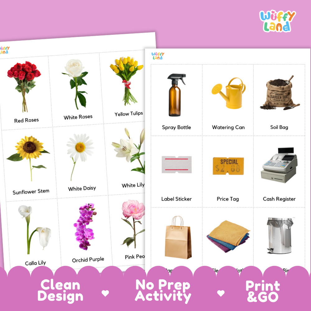 Two printed activity cards from Wiffy Land on a pink background. The left card shows labeled flower illustrations: red roses, white roses, yellow tulips, sunflower stem, white daisy, white lily, calla lily, orchid purple, and pink peony.