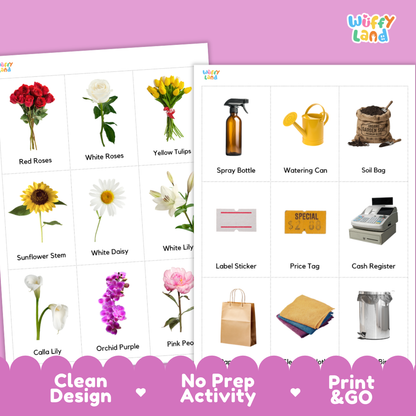 Two printed activity cards from Wiffy Land on a pink background. The left card shows labeled flower illustrations: red roses, white roses, yellow tulips, sunflower stem, white daisy, white lily, calla lily, orchid purple, and pink peony.