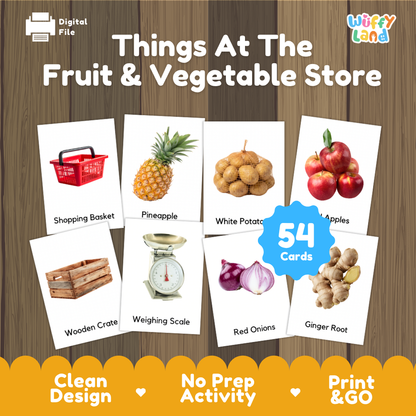 Digital activity card set titled 'Things At The Fruit & Vegetable Store' on a wood-textured background. The set includes illustrated and photographic cards such as a shopping basket, pineapple, white potato, apples, wooden crate, weighing scale, red onions, and ginger root, with a blue badge reading '54 Cards.