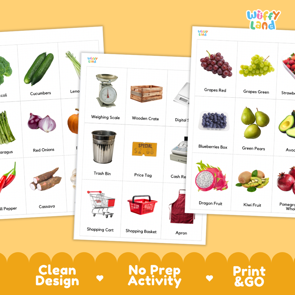 Three printable educational food-themed activity sheets displayed on a warm yellow background. The sheets feature labeled illustrations of grocery items such as cucumbers, grapes, blueberries, pears, dragon fruit, shopping carts, and scales.