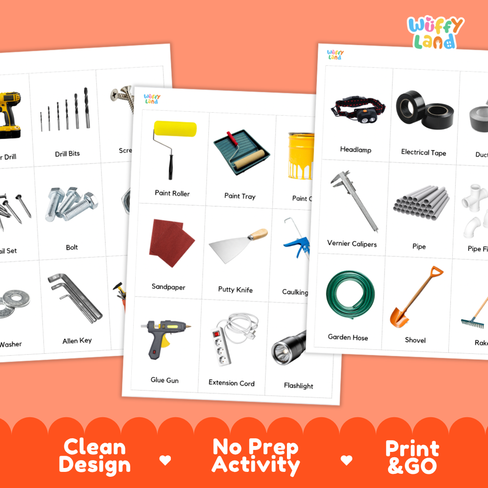 Three printed activity sheets showing labeled construction and tool icons on a peach background, with promotional text at the bottom reading 'Clean Design', 'No Prep Activity', and 'Print & GO'. The sheets appear to be the product itself rather than an instruction-only diagram, so this fits Product/Packaging.