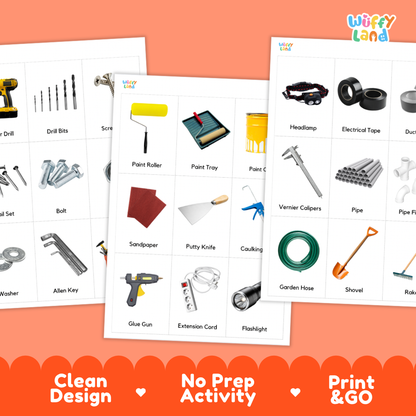 Three printed activity sheets showing labeled construction and tool icons on a peach background, with promotional text at the bottom reading 'Clean Design', 'No Prep Activity', and 'Print & GO'. The sheets appear to be the product itself rather than an instruction-only diagram, so this fits Product/Packaging.