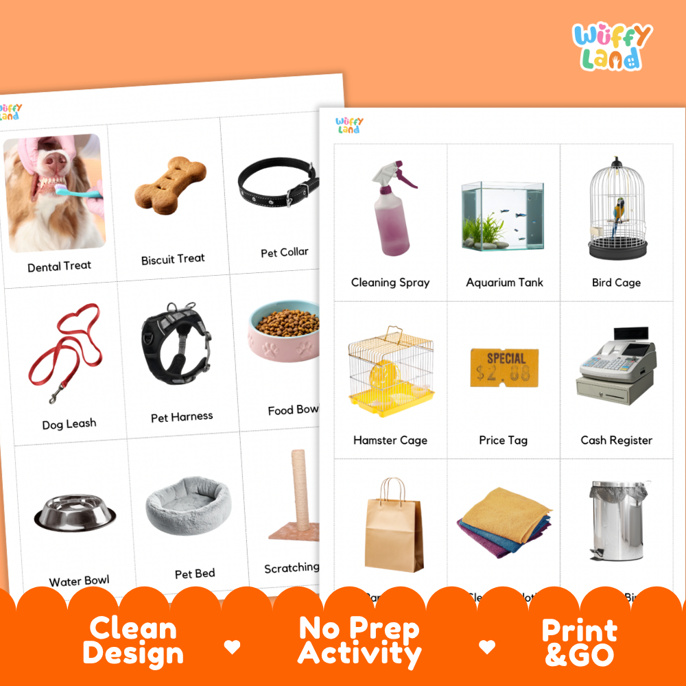 Two printable activity cards showing various pet-themed items and labels, displayed on an orange background with the brand name 'Wiffy Land' in the top right corner.