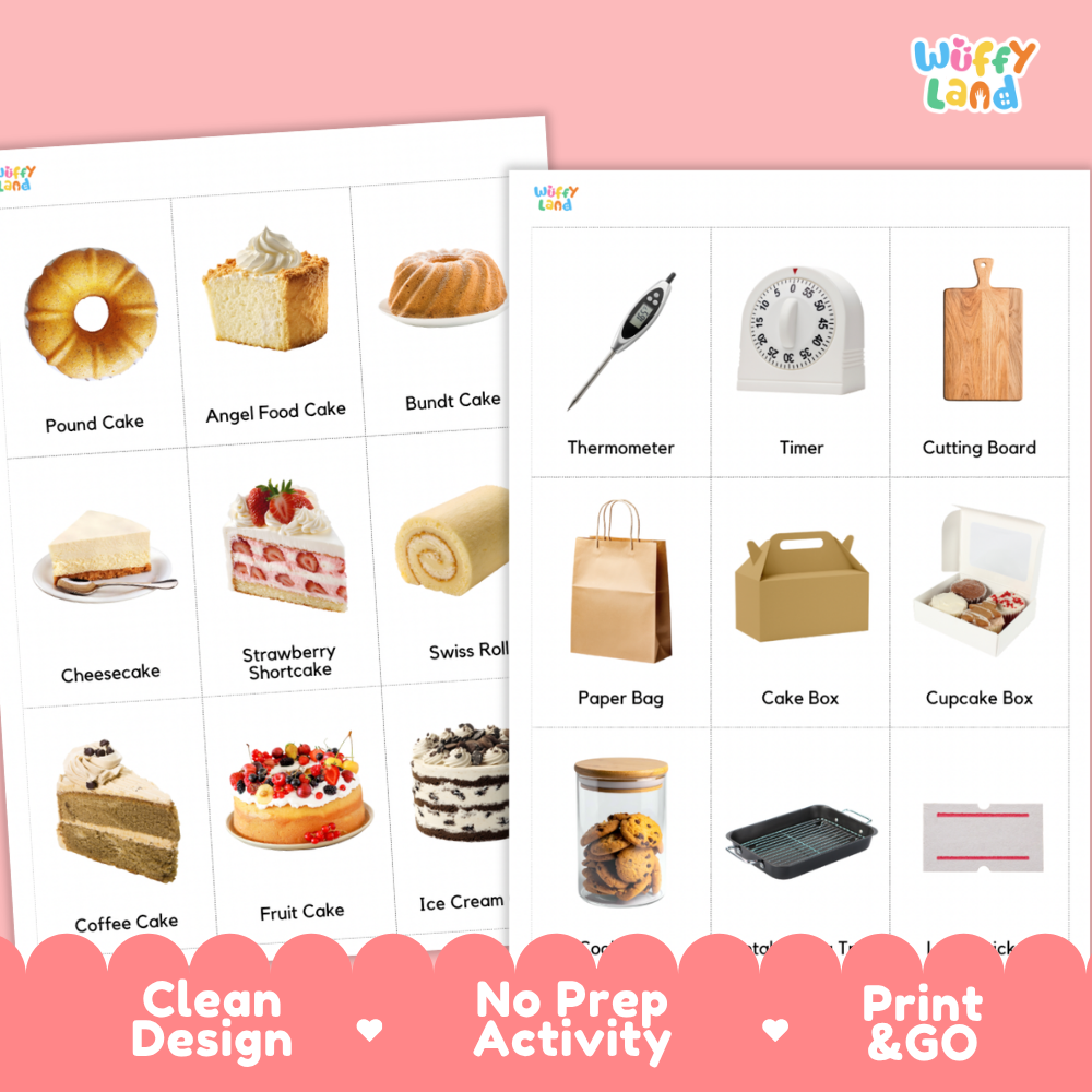 Two printed activity cards from Wiffy Land displayed on a pink background. The left card shows food-themed images like pound cake, angel food cake, cheesecake, and strawberry shortcake.