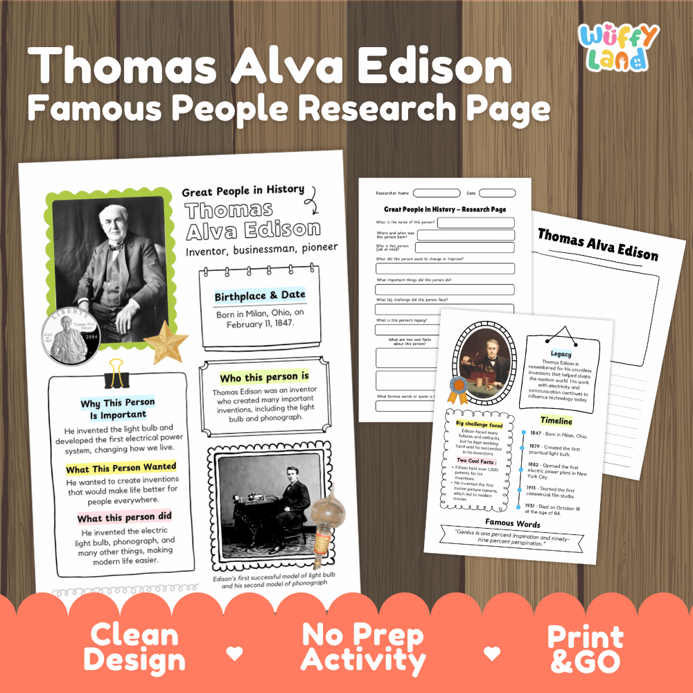 Thomas Alva Edison famous people research page activity sheet set by Wiffly Land, featuring printable educational pages with text, portraits, and writing areas on a wood background.