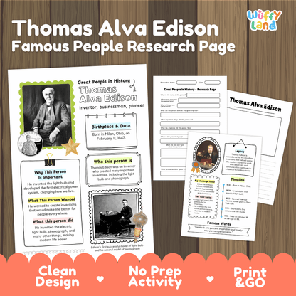 Thomas Alva Edison famous people research page activity sheet set by Wiffly Land, featuring printable educational pages with text, portraits, and writing areas on a wood background.