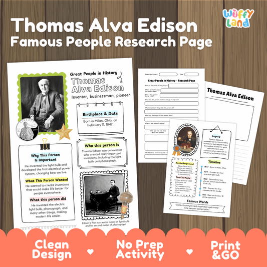 Thomas Alva Edison famous people research page activity sheet set by Wiffly Land, featuring printable educational pages with text, portraits, and writing areas on a wood background.