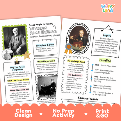 Two educational activity sheets about Thomas Alva Edison displayed on a light background with a red and beige decorative banner at the bottom. The sheets contain text boxes, timelines, and biographical facts about Edison, with a Wiffly Land logo in the top right corner.