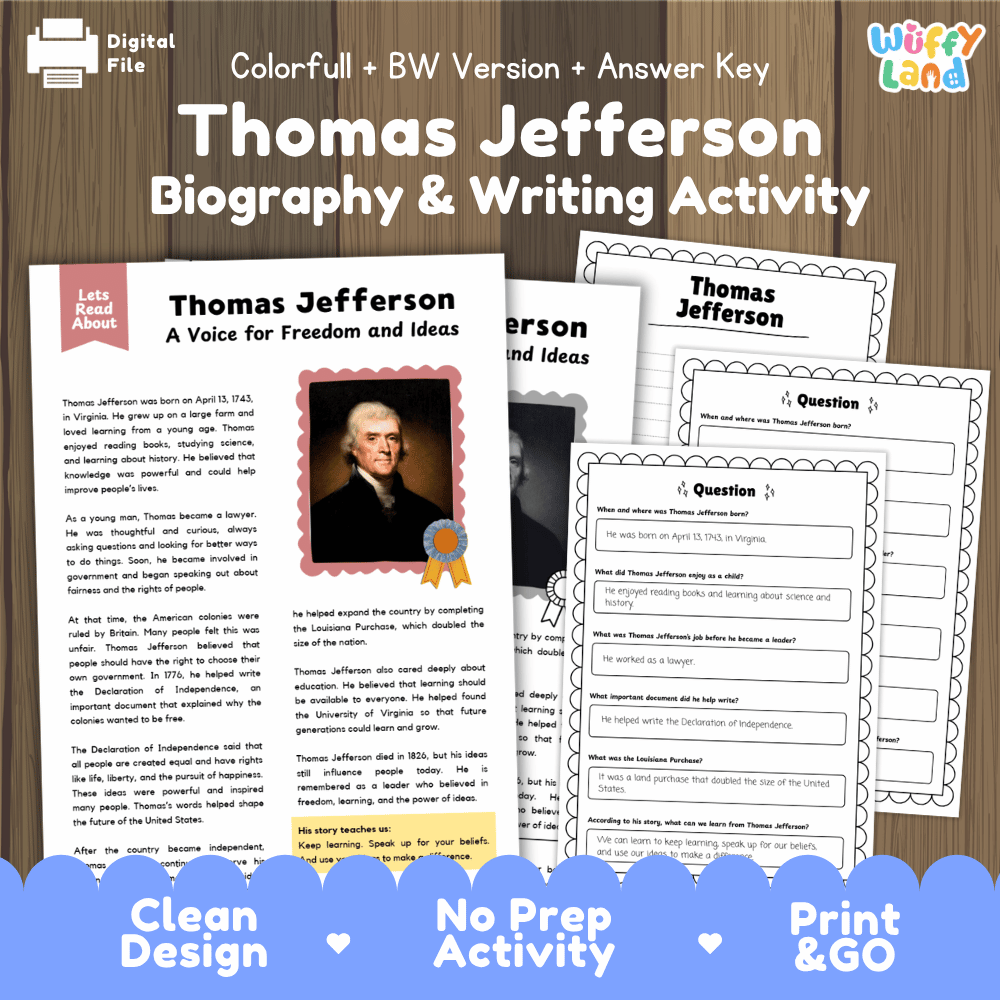 Thomas Jefferson Biography & Writing Activity digital download bundle cover and preview pages, featuring a wood-grain background, colorful title text, and sample worksheet pages with portrait and text activities.
