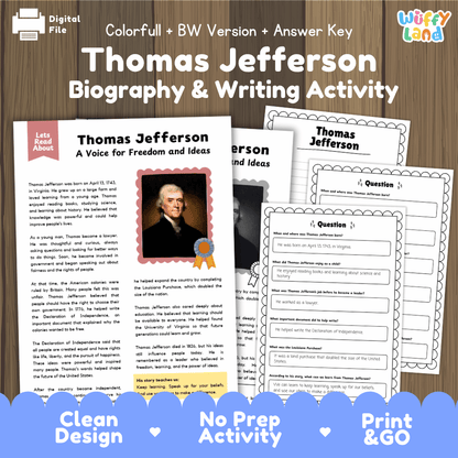 Thomas Jefferson Biography & Writing Activity digital download bundle cover and preview pages, featuring a wood-grain background, colorful title text, and sample worksheet pages with portrait and text activities.