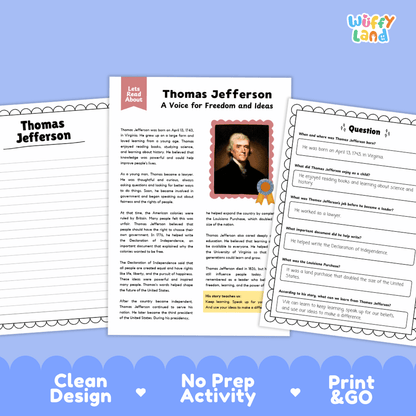 Thomas Jefferson educational activity sheet set by Wiffy Land, featuring a main text page with a portrait, a question page, and a fact page, all displayed on a light gray background with decorative blue text at the bottom.
