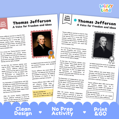 Two educational activity sheets about Thomas Jefferson from the brand Wuffly Land, displayed on a light blue background with a 'Let's Read About' banner on the left. The sheets feature a portrait of Jefferson, text, and award ribbon graphics.