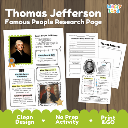 Thomas Jefferson Famous People Research Page Worksheets