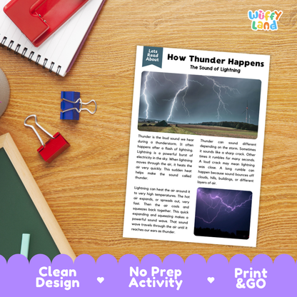 Printable student worksheet with short-answer reading comprehension questions covering thunder and severe weather science