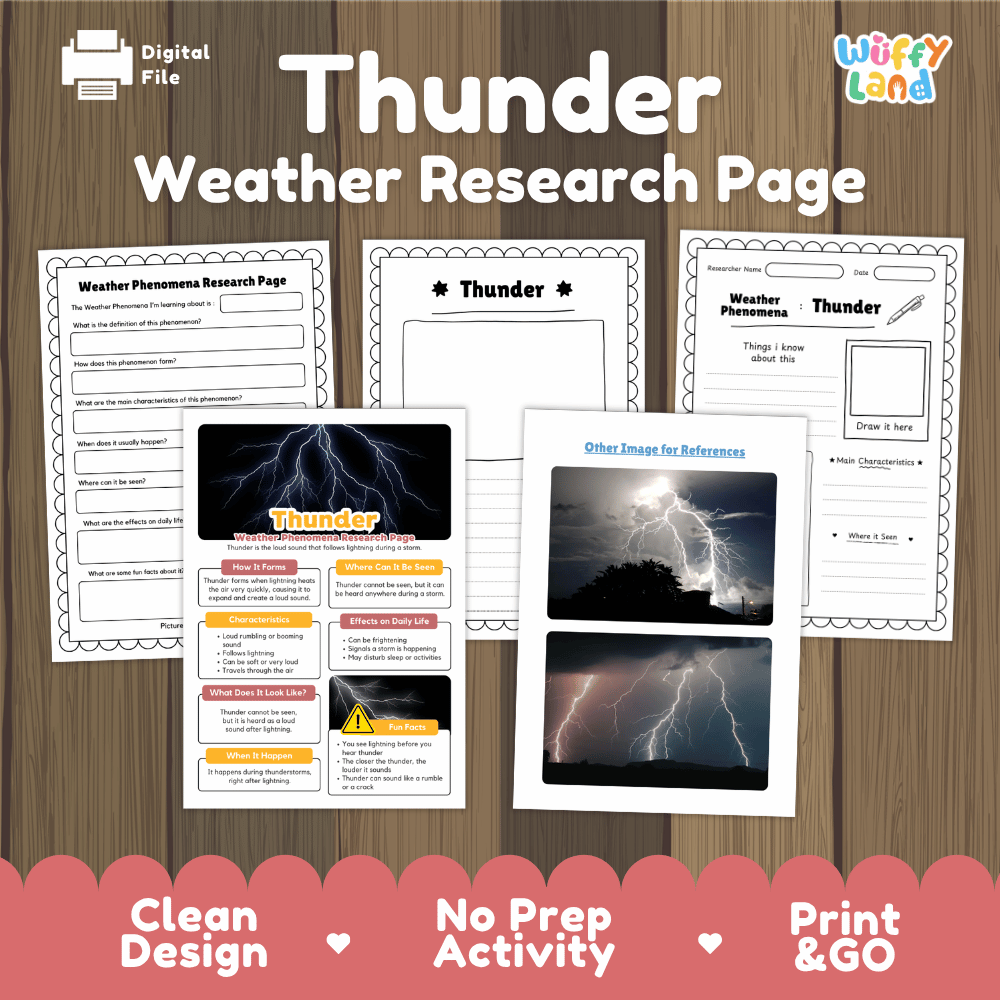 Thunder Weather Phenomena Research Worksheets and Informational Fact Sheets