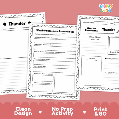 Thunder Weather Phenomena Research Worksheets and Informational Fact Sheets