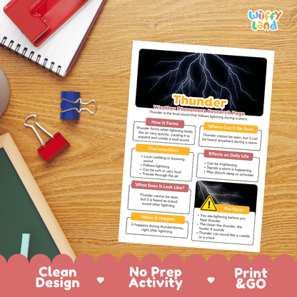 Thunder Weather Phenomena Research Worksheets and Informational Fact Sheets