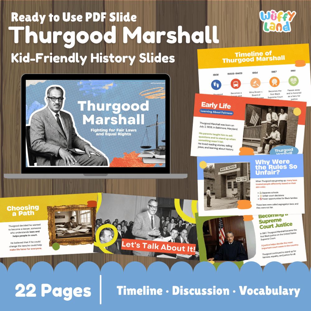 Promotional graphic for a kid-friendly history PDF slide set about Thurgood Marshall, showing multiple colorful slide previews arranged around a laptop mockup on a wood background. Text reads 'Ready to Use PDF Slide Thurgood Marshall Kid-Friendly History Slides' and '22 Pages | Timeline | Discussion | Vocabulary.