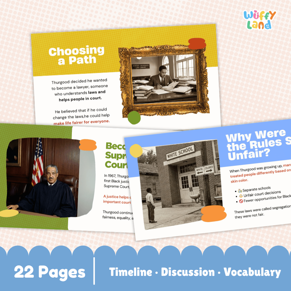 Educational poster set about Thurgood Marshall's journey from choosing a path to becoming a Supreme Court justice, featuring three colorful panels with text, historical photos, and decorative accents, with a blue banner at the bottom reading '22 Pages Timeline Discussion Vocabulary'.