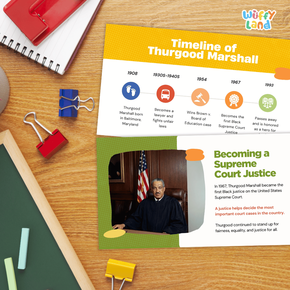 An educational poster titled 'Timeline of Thurgood Marshall' laid out on a wooden desk with school supplies including a spiral notebook, binder clips, and colored pencils.