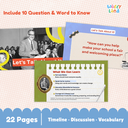 Promotional graphic for an educational resource titled 'What We Can Learn' by Wuffy Land, showing a collage of historical figures, text panels, and a green page layout with bullet points about fairness, justice, speaking up, education, and caring. Text at the top says 'Include 10 Question & Word to Know' and the bottom banner says '22 Pages | Timeline · Discussion · Vocabulary'.