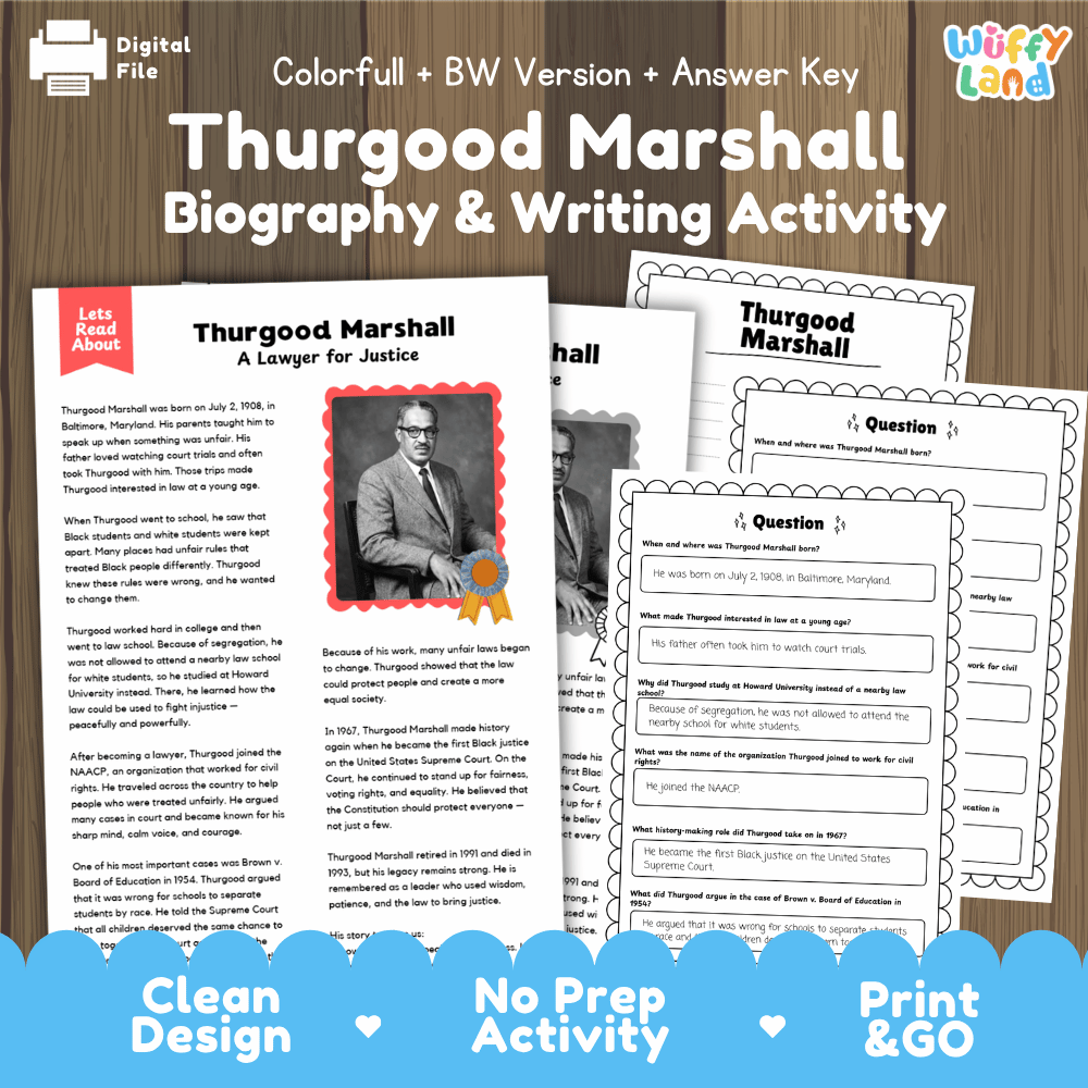 Thurgood Marshall Biography Reading Passage and Writing Activity Worksheets
