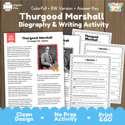Thurgood Marshall Biography Reading Passage and Writing Activity Worksheets