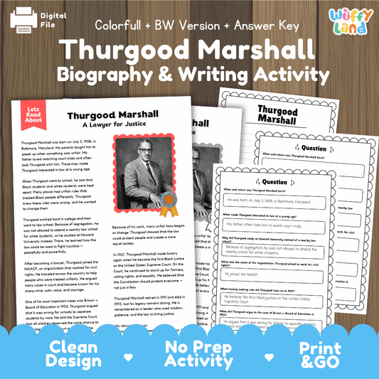 Thurgood Marshall Biography Reading Passage and Writing Activity Worksheets