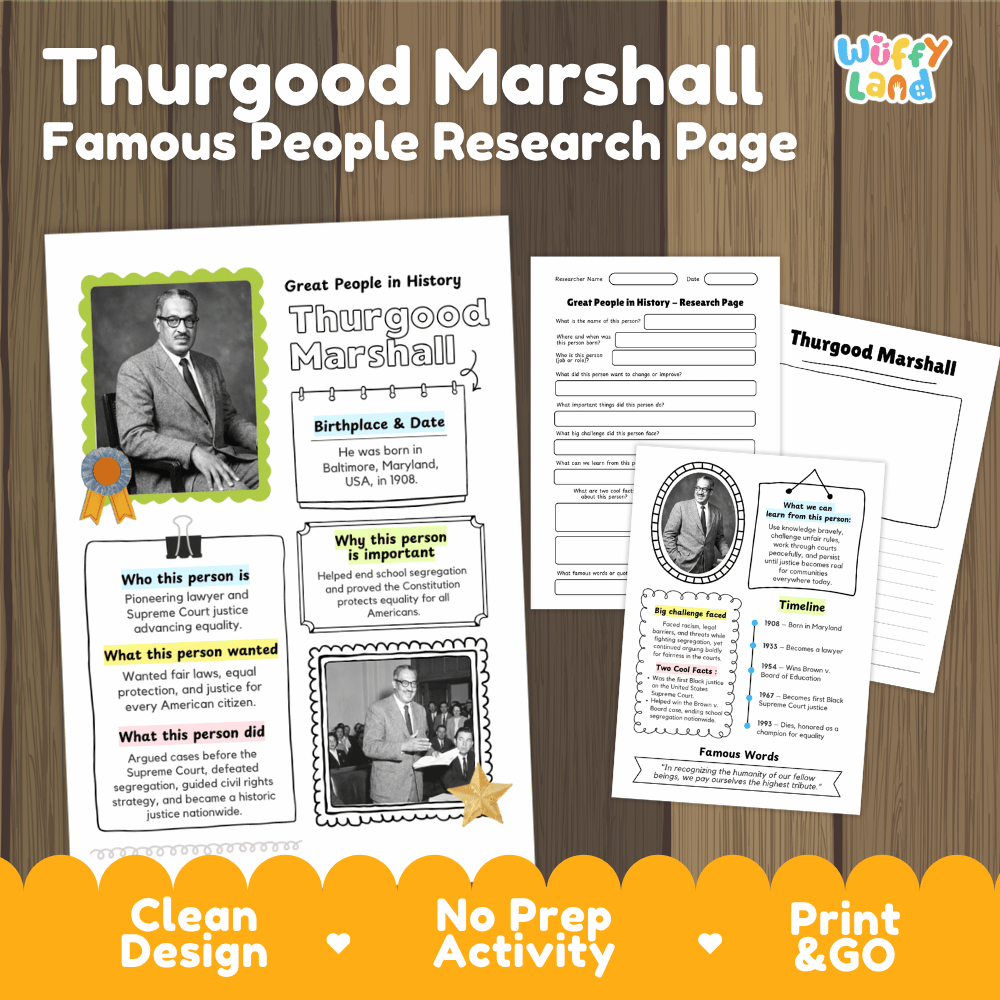 Educational product preview for a Thurgood Marshall 'Famous People Research Page' activity sheet set, shown on a wood-grain background with white and orange promotional text banners. The pages include portrait photos, text boxes, timelines, and fill-in sections.