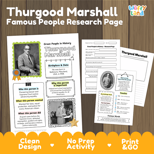Educational product preview for a Thurgood Marshall 'Famous People Research Page' activity sheet set, shown on a wood-grain background with white and orange promotional text banners. The pages include portrait photos, text boxes, timelines, and fill-in sections.