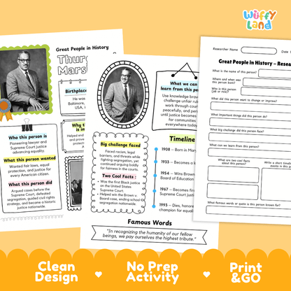 Printable educational worksheet pages for a 'Great People in History' lesson, featuring a Thrum Mars poster, a timeline, and a research template. The pages are styled with a clean white background, a colorful yellow and blue header, and a decorative orange banner at the bottom that reads 'Clean Design No Prep Activity Print & Go'.