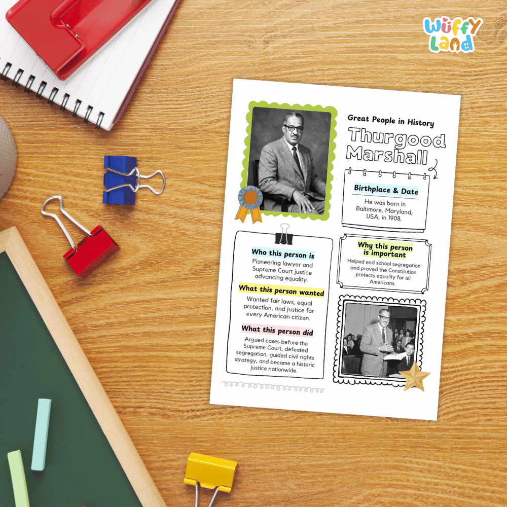 A children's educational poster about Thurgood Marshall laid on a wooden desk, surrounded by school supplies including a spiral notebook, binder clips, chalk, and a red notebook.