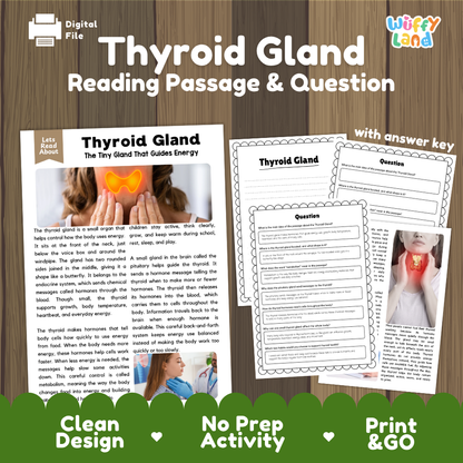 Thyroid gland reading comprehension passage and questions printable activity pack with answer key for elementary students